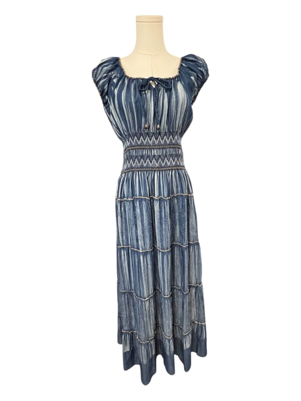 EUC Indigo & Lace Boho Denim Look Maxi Dress | Size M